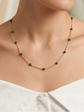14K Gold Plated Emerald Green Beaded Snake Chain Necklace | Minimalist Jewelry